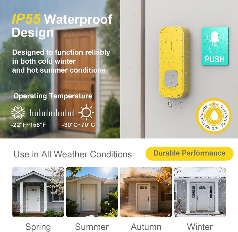SURFOU Wireless Doorbell with 1 Button 2 Receivers,Door Bell,1300FT/400M Ultra-Long Range,55 Chimes 5 Volume,IP55 Waterproof,110 db Extra Loud with Flashing Light,for Home/Classroom/Office/Warehouse - Image 3