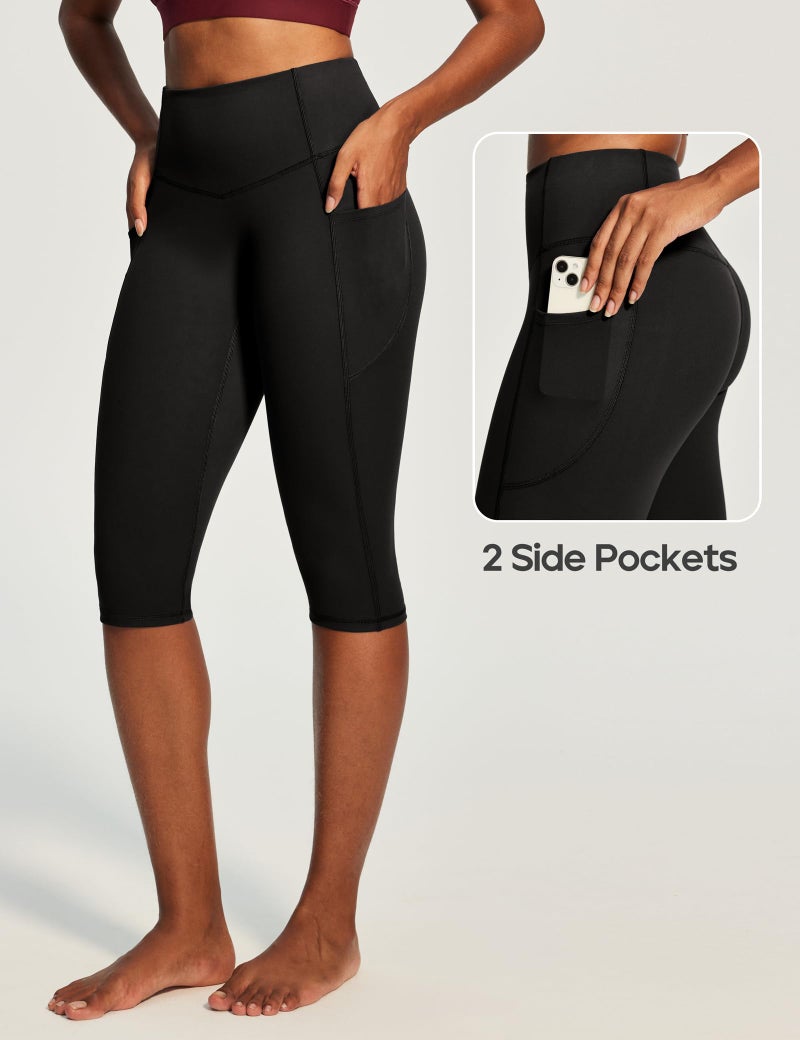 Heathyoga Capri Leggings with Pockets for Women Tummy Control Knee Length Leggings Yoga Pants Women Capri Pants Workout Black - Image 3