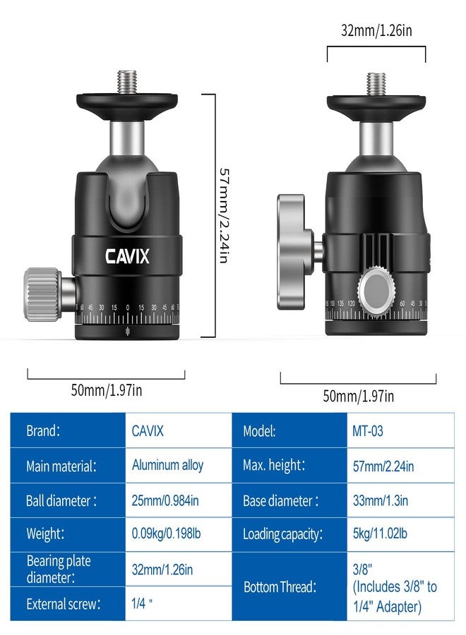 CAVIX Mini Ball Head with 1/4" Screw 3/8" Thread Mount 360 Degree Panoramic Metal Tripod Head Max Load 11lb/5kg - Image 3