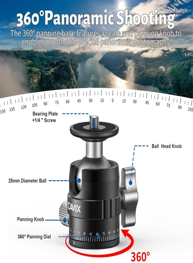 CAVIX Mini Ball Head with 1/4" Screw 3/8" Thread Mount 360 Degree Panoramic Metal Tripod Head Max Load 11lb/5kg - Image 4