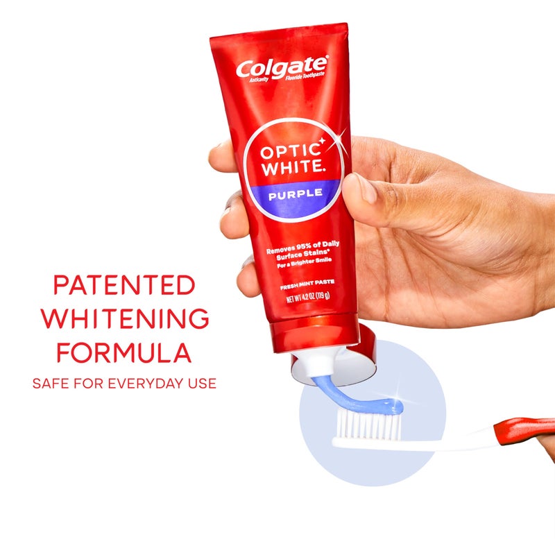 Colgate معجون أسنان كولجيت أوبتيك وايت بنفسجي لتبييض الأسنان، معجون تبييض الأسنان بالفلورايد، يساعد في إزالة البقع السطحية ويعطي لمعانًا للأسنان، آمن للمينا للاستخدام اليومي، معجون بنكهة النعناع، 4.2 أونصة - Image 4