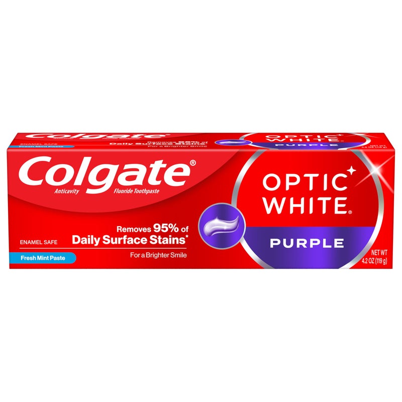 Colgate معجون أسنان كولجيت أوبتيك وايت بنفسجي لتبييض الأسنان، معجون تبييض الأسنان بالفلورايد، يساعد في إزالة البقع السطحية ويعطي لمعانًا للأسنان، آمن للمينا للاستخدام اليومي، معجون بنكهة النعناع، 4.2 أونصة - Image 1