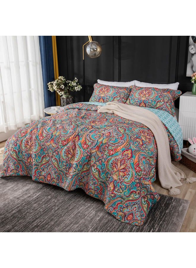 YASMENG 100% Cotton Boho Quilt Set Full Queen Size Colorful Gorgeous Paisley Mandala Floral Reversible Quilted Bedding Bohemian Vibrant Exotic Soft Breathable Bedspread Coverlet Set for All Seasons - Image 2