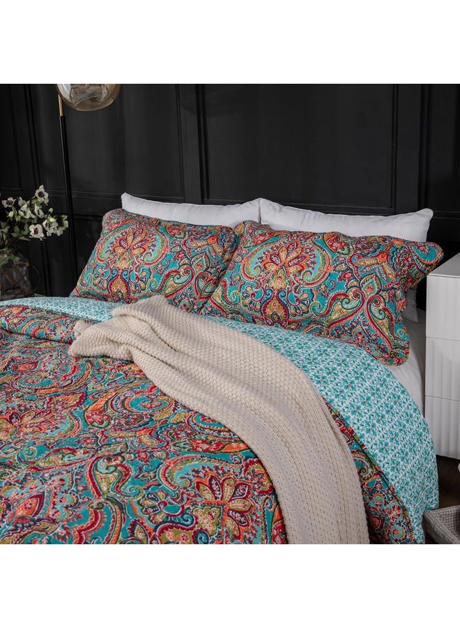 YASMENG 100% Cotton Boho Quilt Set Full Queen Size Colorful Gorgeous Paisley Mandala Floral Reversible Quilted Bedding Bohemian Vibrant Exotic Soft Breathable Bedspread Coverlet Set for All Seasons - Image 3