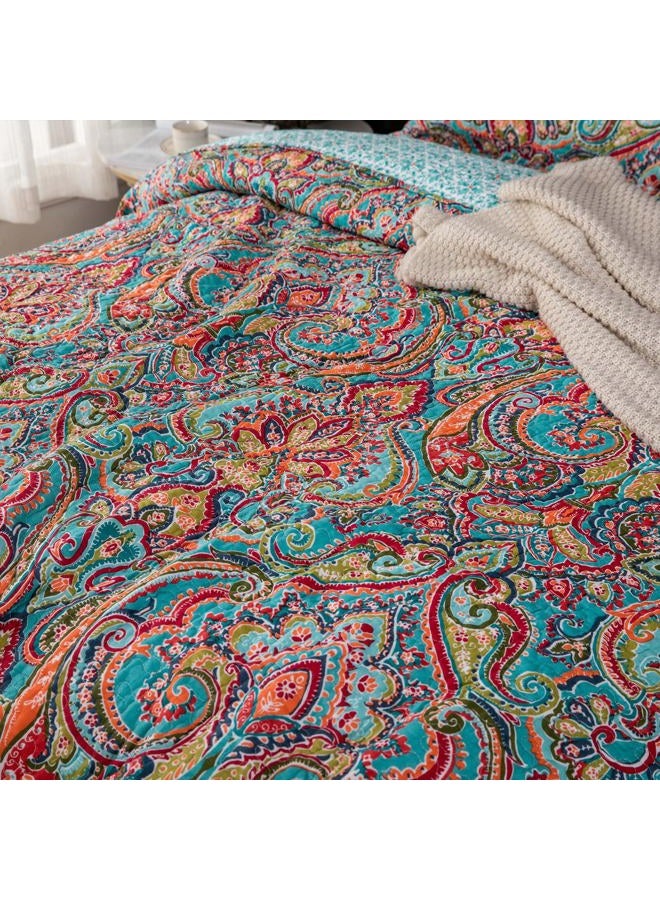 YASMENG 100% Cotton Boho Quilt Set Full Queen Size Colorful Gorgeous Paisley Mandala Floral Reversible Quilted Bedding Bohemian Vibrant Exotic Soft Breathable Bedspread Coverlet Set for All Seasons - Image 4