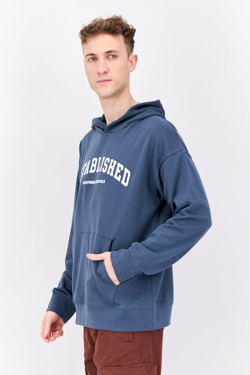 Established Redefining Essentials Men Hooded Long Sleeves Brand Logo Sweatshirt, Slate Blue - Image 3