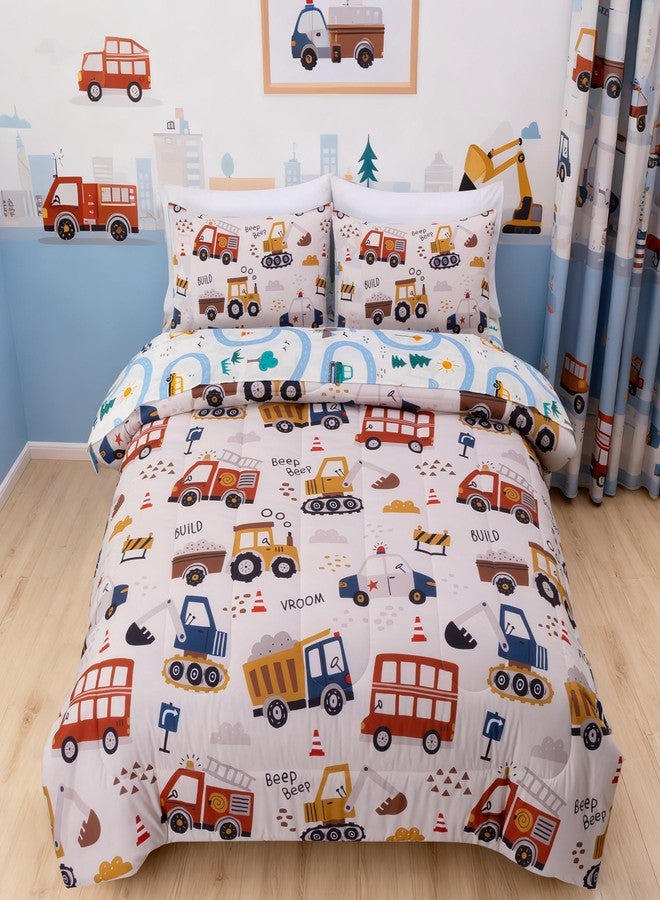 NTBED طقم لحاف مزدوج من خمس قطع من إن تي بيد، بتصميم شاحنات إطفاء وحفارات، مناسب للأولاد، مصنوع من ألياف دقيقة خفيفة الوزن. - Image 2