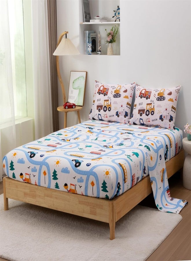 NTBED طقم لحاف مزدوج من خمس قطع من إن تي بيد، بتصميم شاحنات إطفاء وحفارات، مناسب للأولاد، مصنوع من ألياف دقيقة خفيفة الوزن. - Image 4