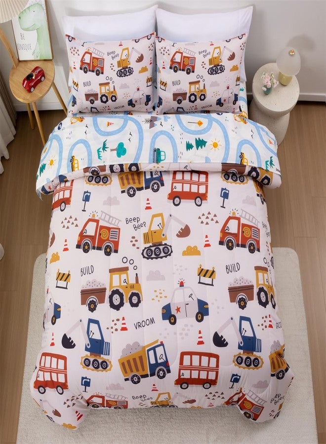 NTBED طقم لحاف مزدوج من خمس قطع من إن تي بيد، بتصميم شاحنات إطفاء وحفارات، مناسب للأولاد، مصنوع من ألياف دقيقة خفيفة الوزن. - Image 1