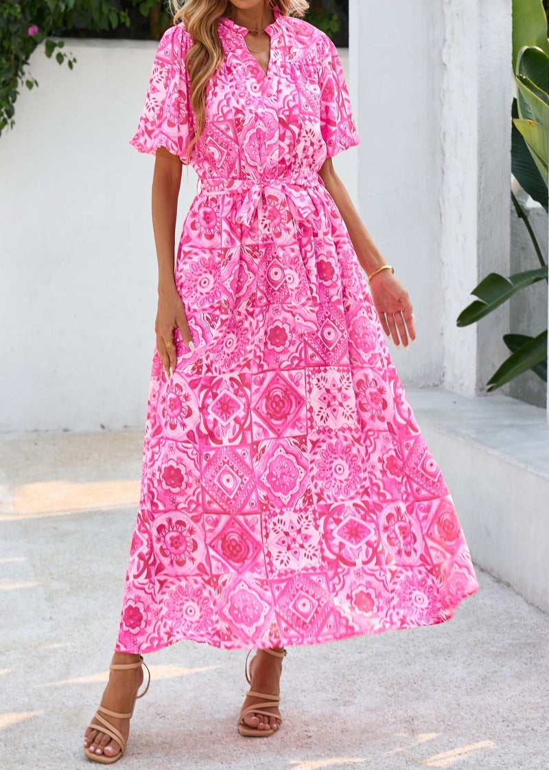 KIRUNDO Women Spring Summer Wedding Guest Boho Floral Maxi Dress Puff Sleeve Button Shirt V Neck Flowy Beach Vacation Dress(Rose Red, Small) - Image 5
