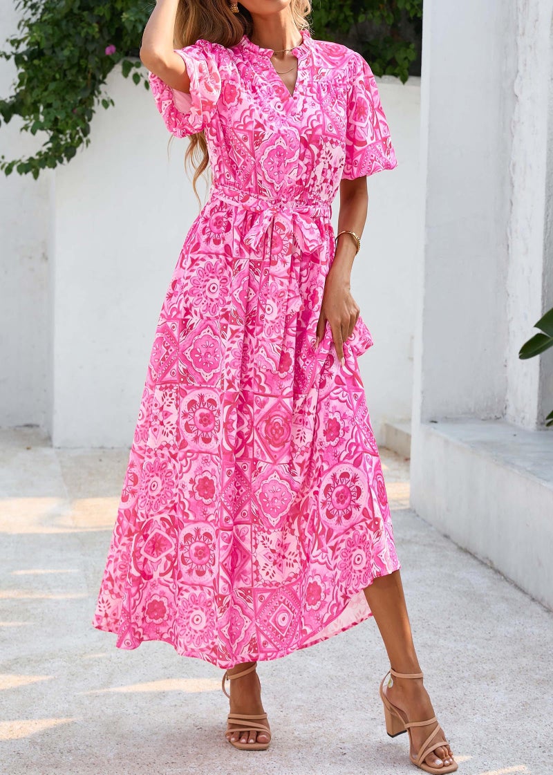 KIRUNDO Women Spring Summer Wedding Guest Boho Floral Maxi Dress Puff Sleeve Button Shirt V Neck Flowy Beach Vacation Dress(Rose Red, Small) - Image 3