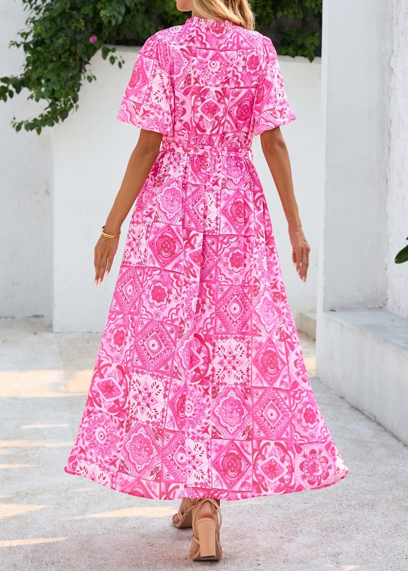 KIRUNDO Women Spring Summer Wedding Guest Boho Floral Maxi Dress Puff Sleeve Button Shirt V Neck Flowy Beach Vacation Dress(Rose Red, Small) - Image 2