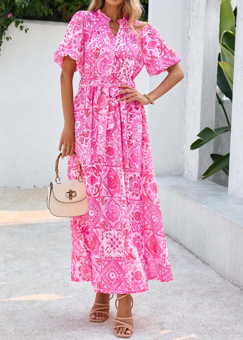 KIRUNDO Women Spring Summer Wedding Guest Boho Floral Maxi Dress Puff Sleeve Button Shirt V Neck Flowy Beach Vacation Dress(Rose Red, Small) - Image 4