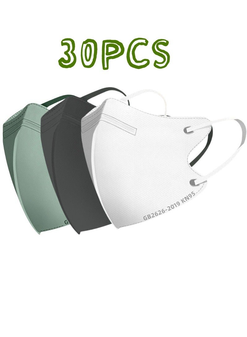 30 Pack 3D Disposable Adult Masks, 4-layer Meltblown Filter, with Elastic Earloops (Black, White, Green) - Image 1