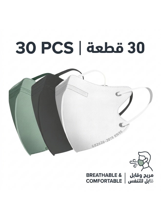 30 Pack 3D Disposable Adult Masks, 4-layer Meltblown Filter, with Elastic Earloops (Black, White, Green) - Image 1