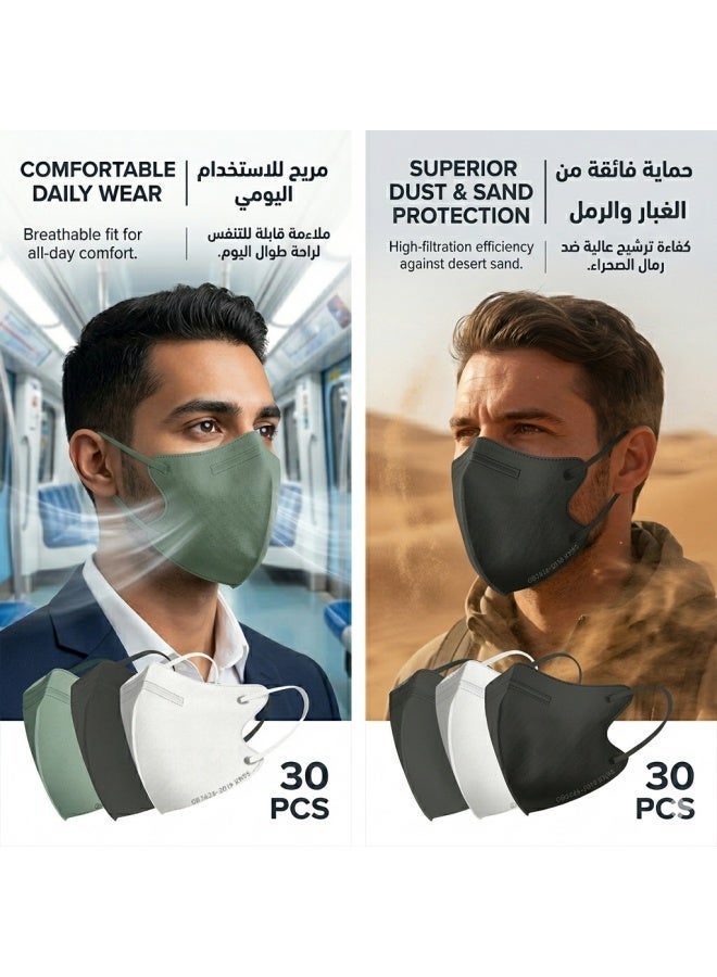 30 Pack 3D Disposable Adult Masks, 4-layer Meltblown Filter, with Elastic Earloops (Black, White, Green) - Image 2