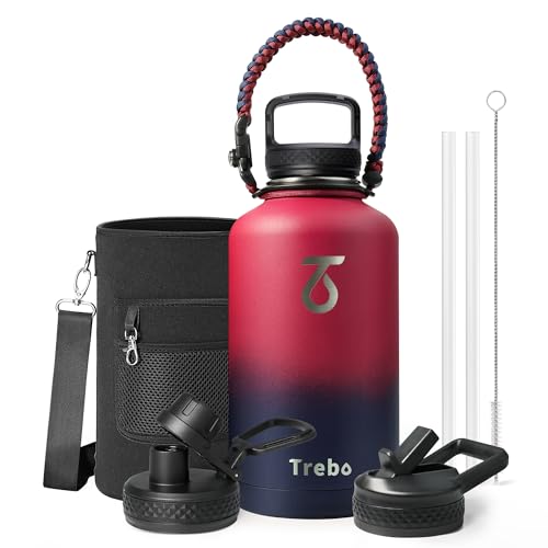 Trebo Insulated Water Bottle 64 oz, Half Gallon Metal Vacuum Water Jug with Paracord Handle and 3 Lids, Leakproof BPA-Free Flask for Gym Sports Hiking Travel, Keep Cold 48 Hours, Ruby Red - Image 1