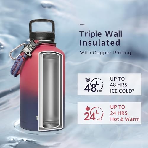 Trebo Insulated Water Bottle 64 oz, Half Gallon Metal Vacuum Water Jug with Paracord Handle and 3 Lids, Leakproof BPA-Free Flask for Gym Sports Hiking Travel, Keep Cold 48 Hours, Ruby Red - Image 2
