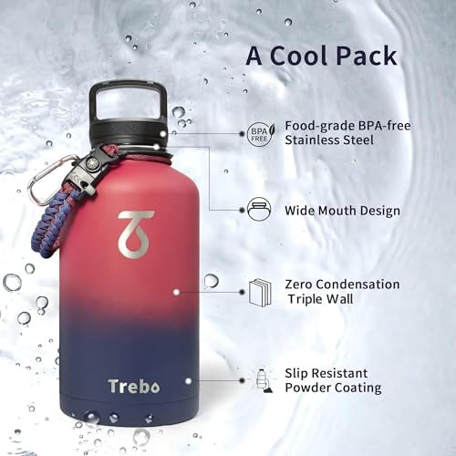 Trebo Insulated Water Bottle 64 oz, Half Gallon Metal Vacuum Water Jug with Paracord Handle and 3 Lids, Leakproof BPA-Free Flask for Gym Sports Hiking Travel, Keep Cold 48 Hours, Ruby Red - Image 5