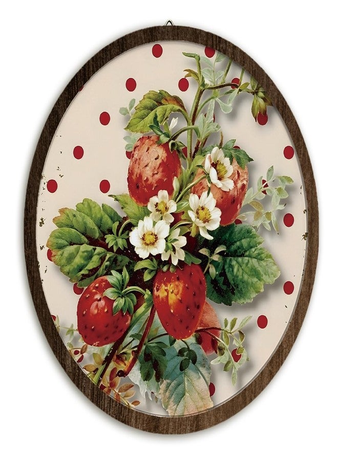 BIWSHA Vintage Cottagecore Strawberry Wall Art Decor, Strawberry Floral Fruit Round Wooden Wall Hanging Decor for Kitchen Dining Room Home Bedroom Living Room, 10 Inch Diameter - Image 1