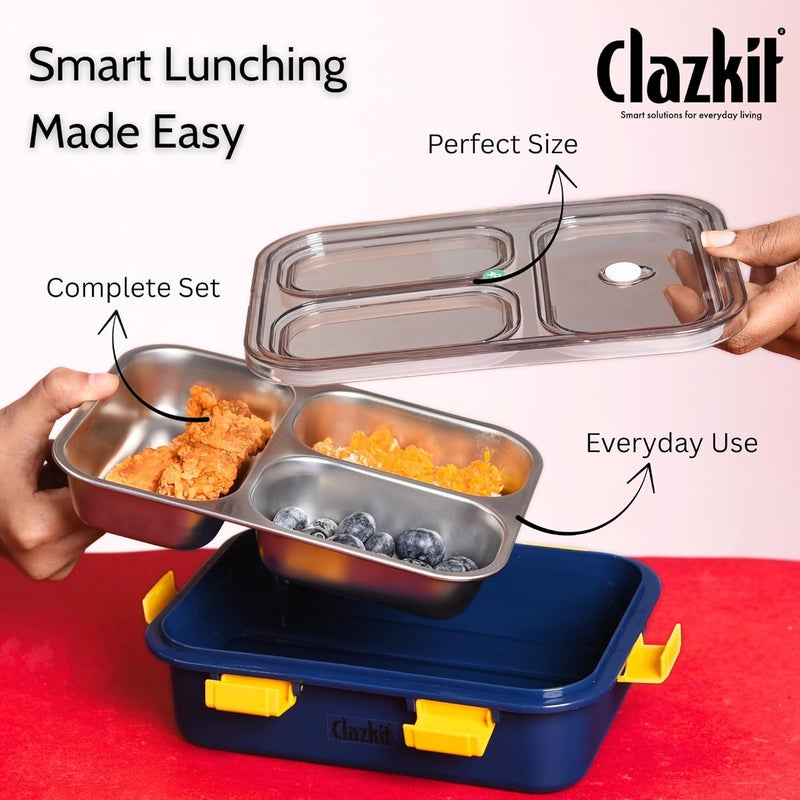 Clazkit 3 Compartment Stainless Steel Lunch Box, Leakage Proof Lunch Box for School Kids and Adults Pack of 1 Blue,750ML - Image 3