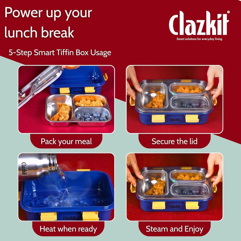 Clazkit 3 Compartment Stainless Steel Lunch Box, Leakage Proof Lunch Box for School Kids and Adults Pack of 1 Blue,750ML - Image 2