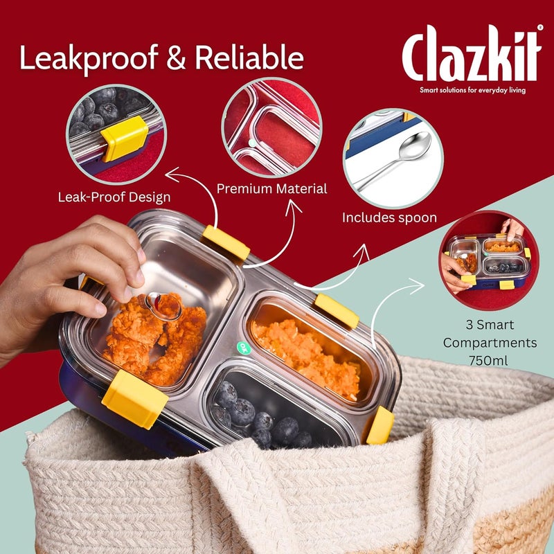 Clazkit 3 Compartment Stainless Steel Lunch Box, Leakage Proof Lunch Box for School Kids and Adults Pack of 1 Blue,750ML - Image 5