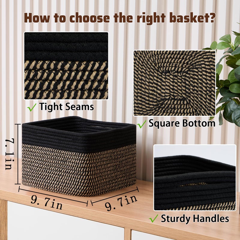 MiniArk Small Organizing Baskets for Cubes Shelf, 9.7x9.7x7.1 Inch Rope Woven Storage Bins for Nursery Shelves Storage, Cute Toy Basket, Square 3 Packs Black Brown - Image 2