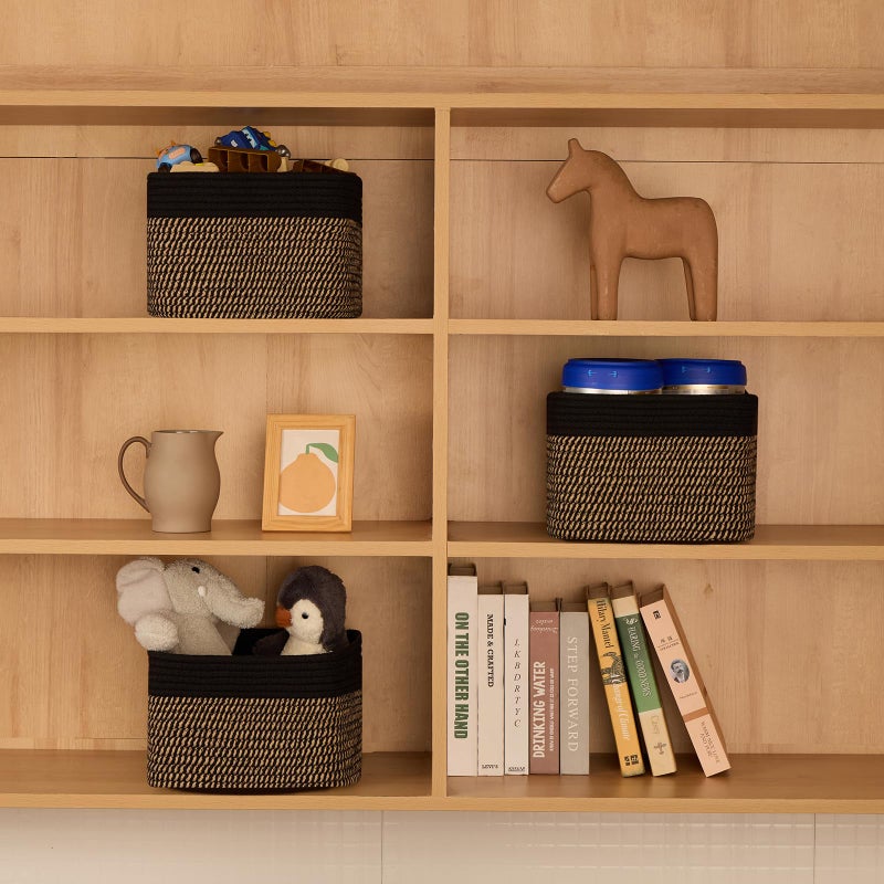 MiniArk Small Organizing Baskets for Cubes Shelf, 9.7x9.7x7.1 Inch Rope Woven Storage Bins for Nursery Shelves Storage, Cute Toy Basket, Square 3 Packs Black Brown - Image 4