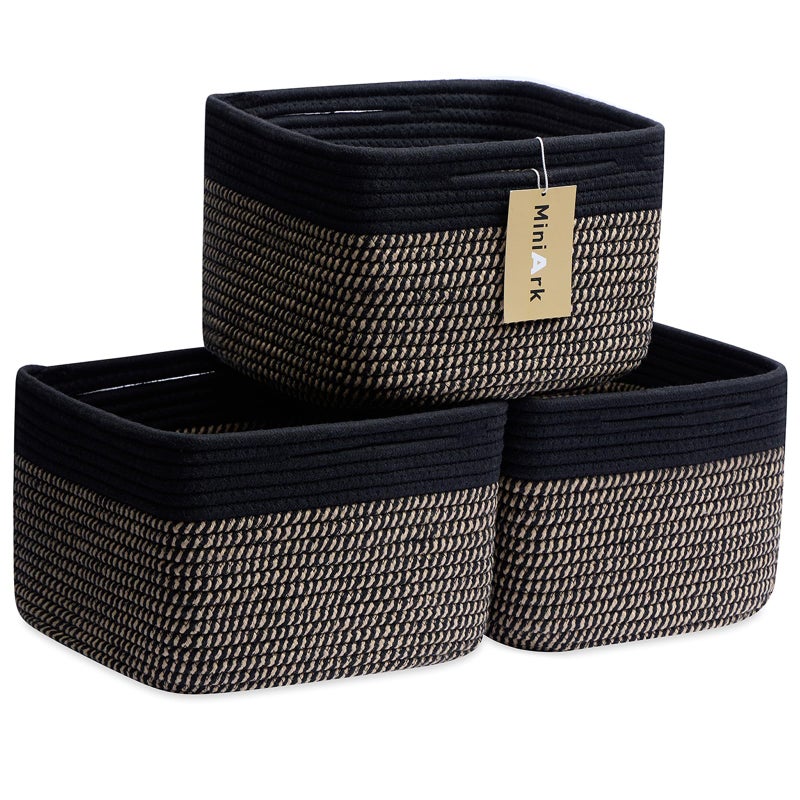 MiniArk Small Organizing Baskets for Cubes Shelf, 9.7x9.7x7.1 Inch Rope Woven Storage Bins for Nursery Shelves Storage, Cute Toy Basket, Square 3 Packs Black Brown - Image 1