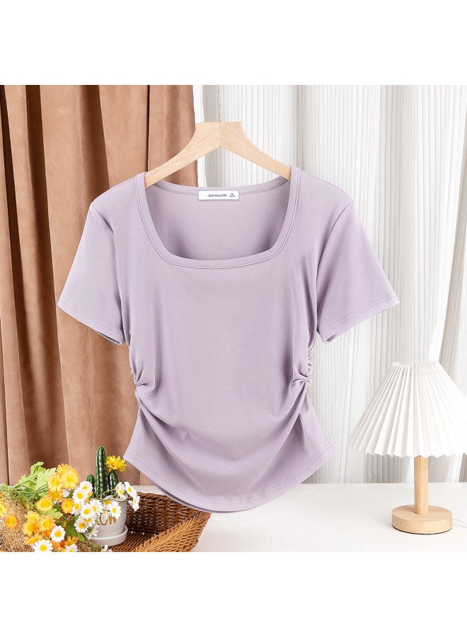 Jeanswest Women'S Short Sleeve T-Shirt, Summer High-End Solid Color Square Neckline, Petite-Friendly Youthful Slimming Midriff Pleated Top - Image 2