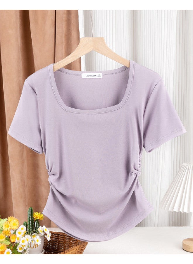 Jeanswest Women'S Short Sleeve T-Shirt, Summer High-End Solid Color Square Neckline, Petite-Friendly Youthful Slimming Midriff Pleated Top - Image 1