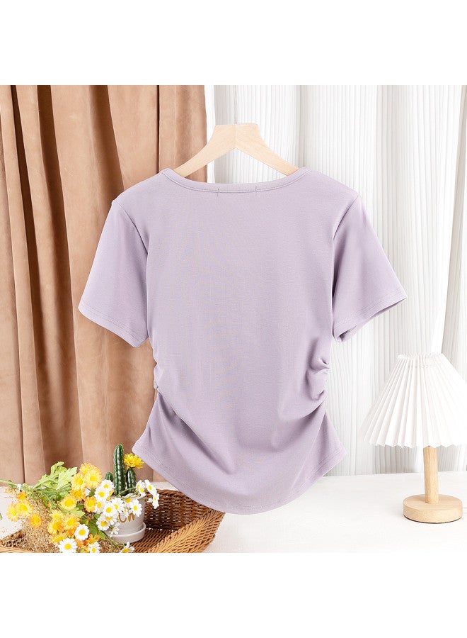 Jeanswest Women'S Short Sleeve T-Shirt, Summer High-End Solid Color Square Neckline, Petite-Friendly Youthful Slimming Midriff Pleated Top - Image 3