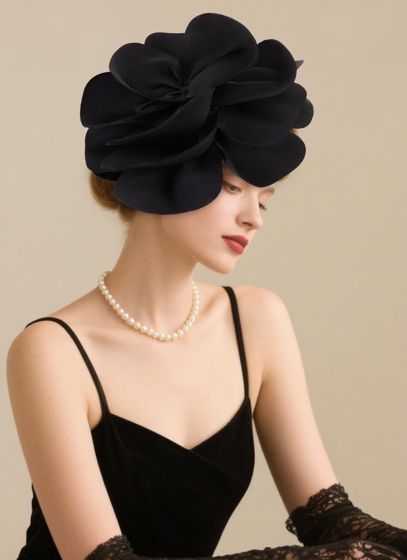 Zinniday Black Large Flower Fascinators - 2026 Rose Fascinator Hats Cocktail Wedding Headpiece 1920s 50s Floral Tea Party Hat for Women Prom Event Halloween Renaissance Accessories - Image 3