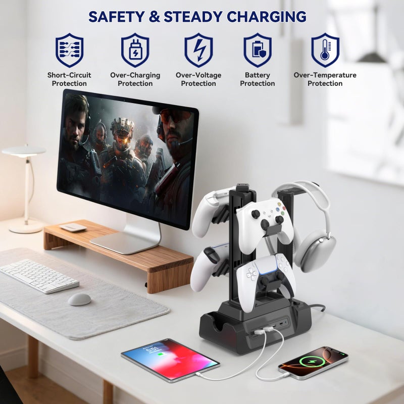 KDD Charging Station for Multiple Devices - 4 Ports Charging Dock with Controller and Headset Stand - 3 USB A & 1 USB C for Cellphone Tablet and Other Electronic - Multi Storage for Gaming Accessories - Image 5