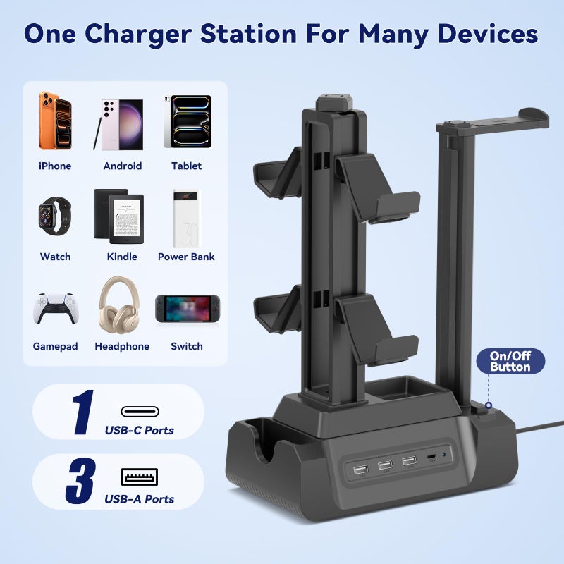 KDD Charging Station for Multiple Devices - 4 Ports Charging Dock with Controller and Headset Stand - 3 USB A & 1 USB C for Cellphone Tablet and Other Electronic - Multi Storage for Gaming Accessories - Image 2