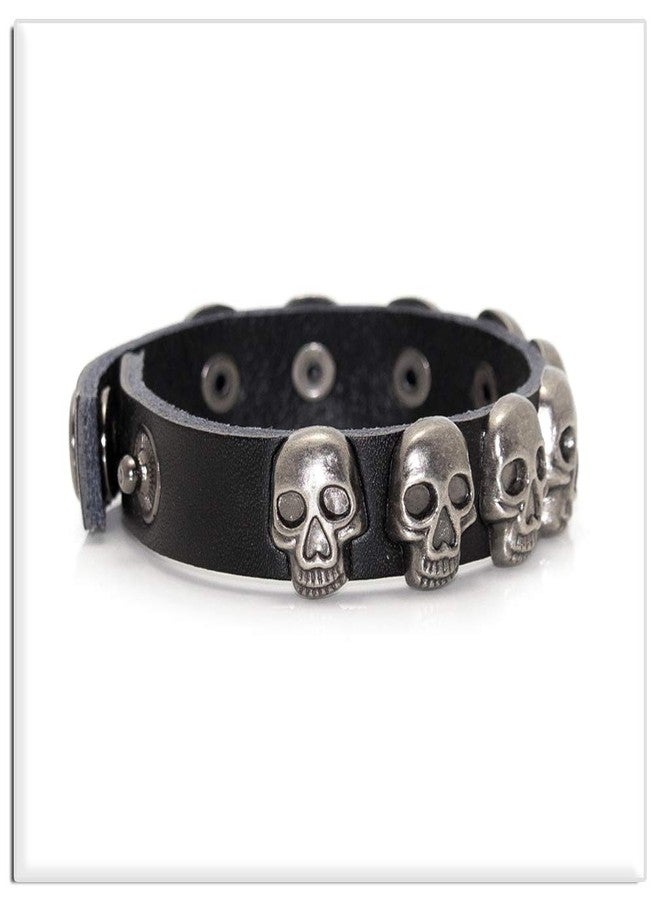 Xusamss Punk Rock Alloy Buckle Leather Wristband Skull Cuff Bracelet(Black Leather) - Image 5