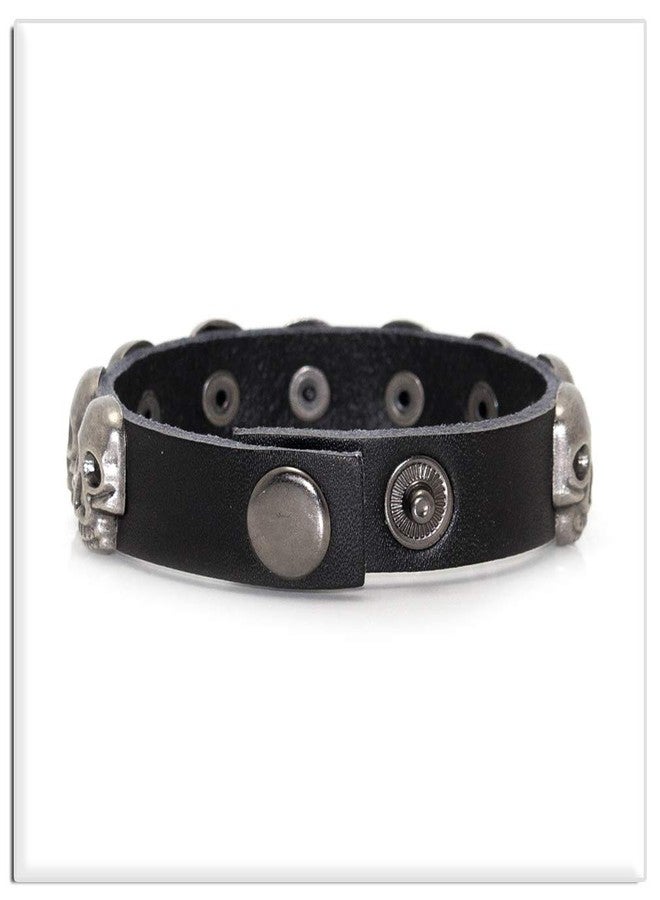 Xusamss Punk Rock Alloy Buckle Leather Wristband Skull Cuff Bracelet(Black Leather) - Image 4