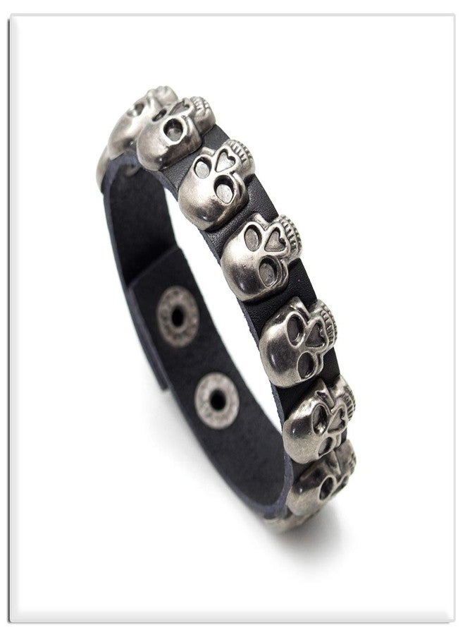 Xusamss Punk Rock Alloy Buckle Leather Wristband Skull Cuff Bracelet(Black Leather) - Image 2