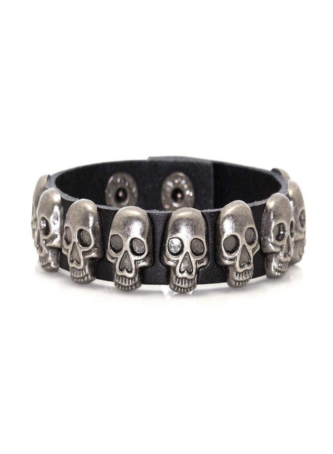 Xusamss Punk Rock Alloy Buckle Leather Wristband Skull Cuff Bracelet(Black Leather) - Image 1