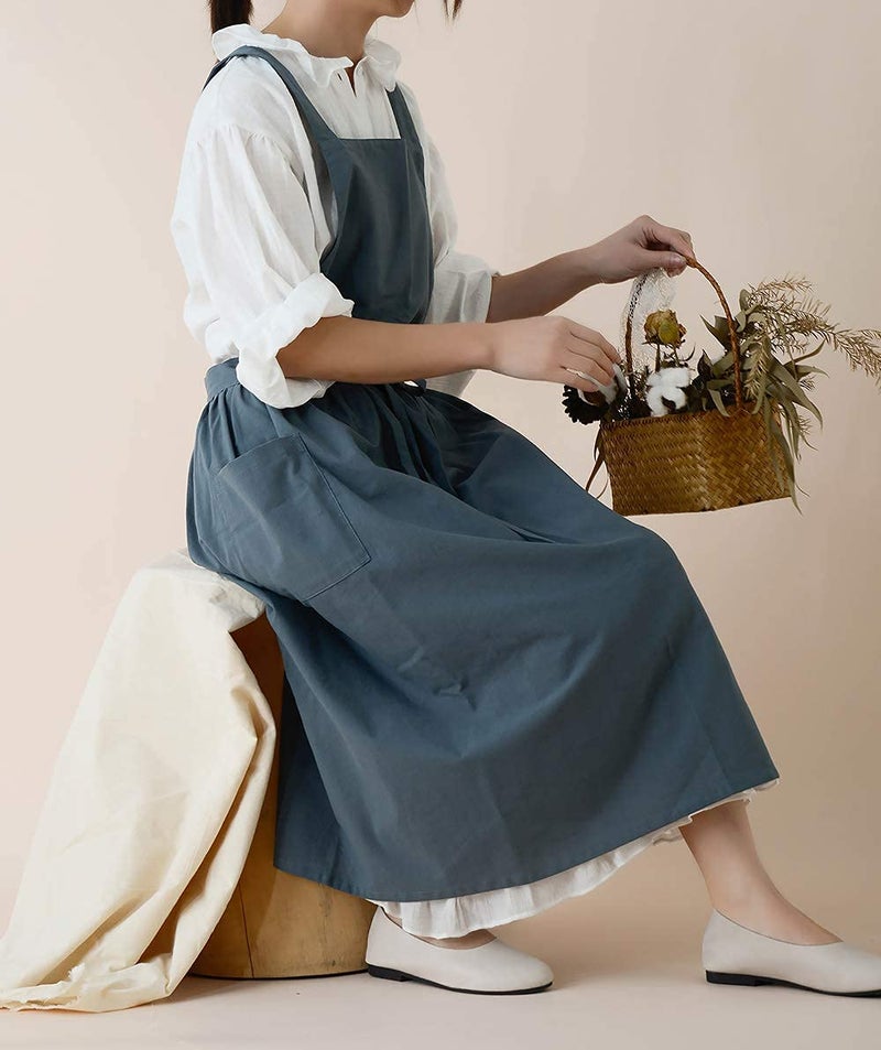 losofar Cotton Pleated Apron Retro Waterdrop Proof Garden Cleaning Pinafore Dress (green, 103cmx86cm) - Image 4