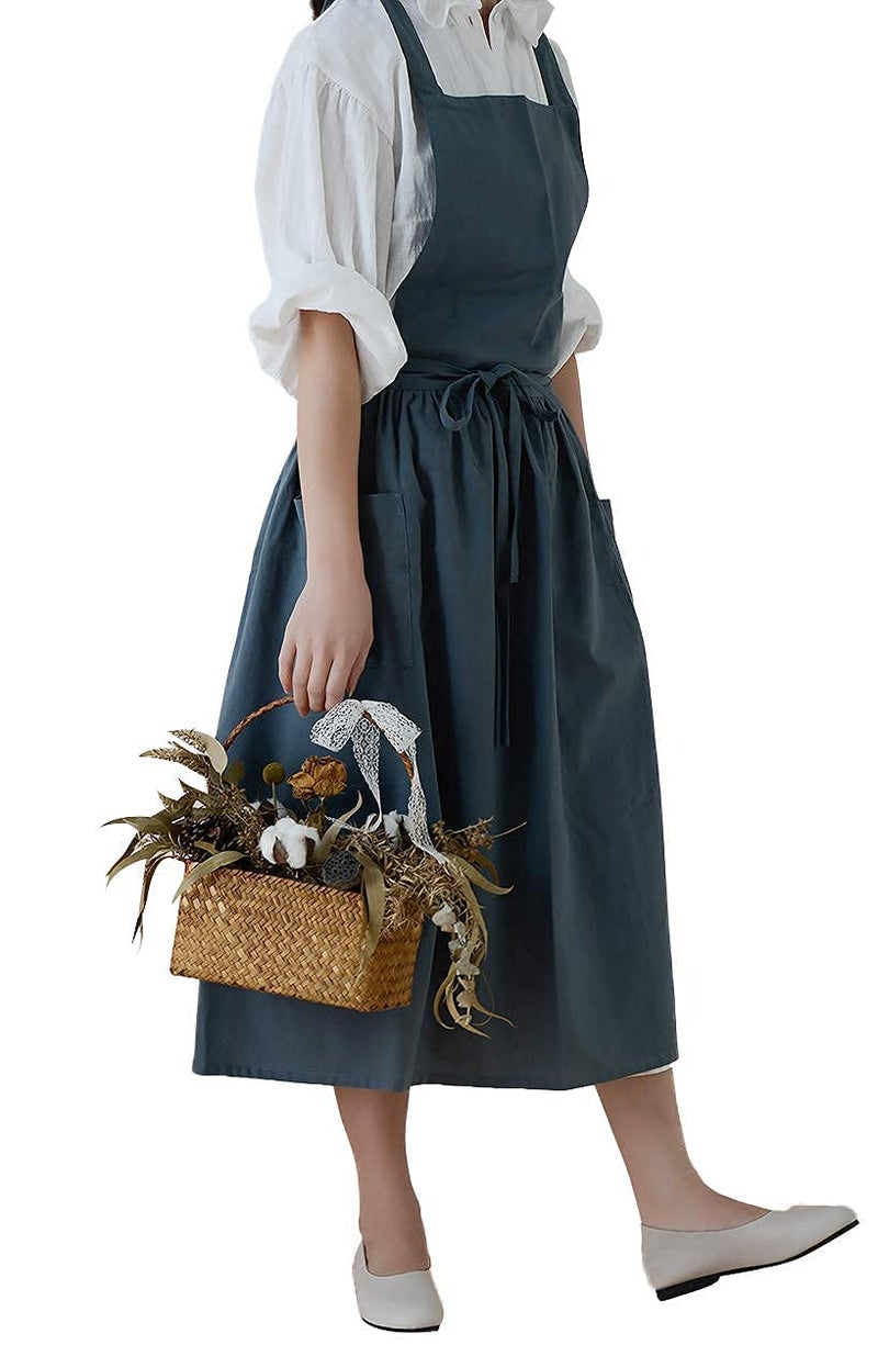 losofar Cotton Pleated Apron Retro Waterdrop Proof Garden Cleaning Pinafore Dress (green, 103cmx86cm) - Image 1