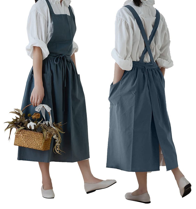 losofar Cotton Pleated Apron Retro Waterdrop Proof Garden Cleaning Pinafore Dress (green, 103cmx86cm) - Image 3