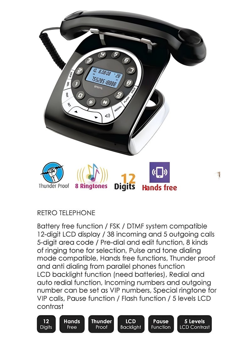 Generic - Retro Telephone with 12 Digits, 8 Ringtone and Thunder Proof Solid Built Quality with VIP Number Setting and Classic Design Hands Free Function with LCD Backlight and Auto Redial Black - Image 1
