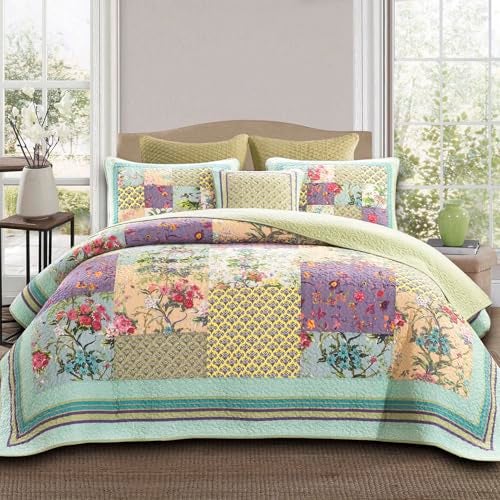 YAYIDAY Quilts Queen Size Patchwork Bedspread Set - 100% Cotton Reversible Breathable Colorful Floral Quilted Quilt with Pillow Shams Fit All Seasons - Image 1