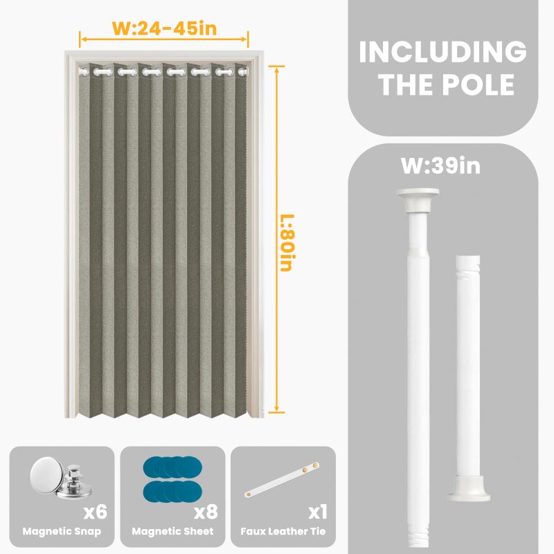 A-jazz AJAZZ 100% Blackout Accordion Doors Interior Invisible Folding Door Magnetic Door Curtain for Bedroom Living Room Doorway Curtain Sets Included Rod, 1Pack, W45 x L80 Inch, Grey - Image 2