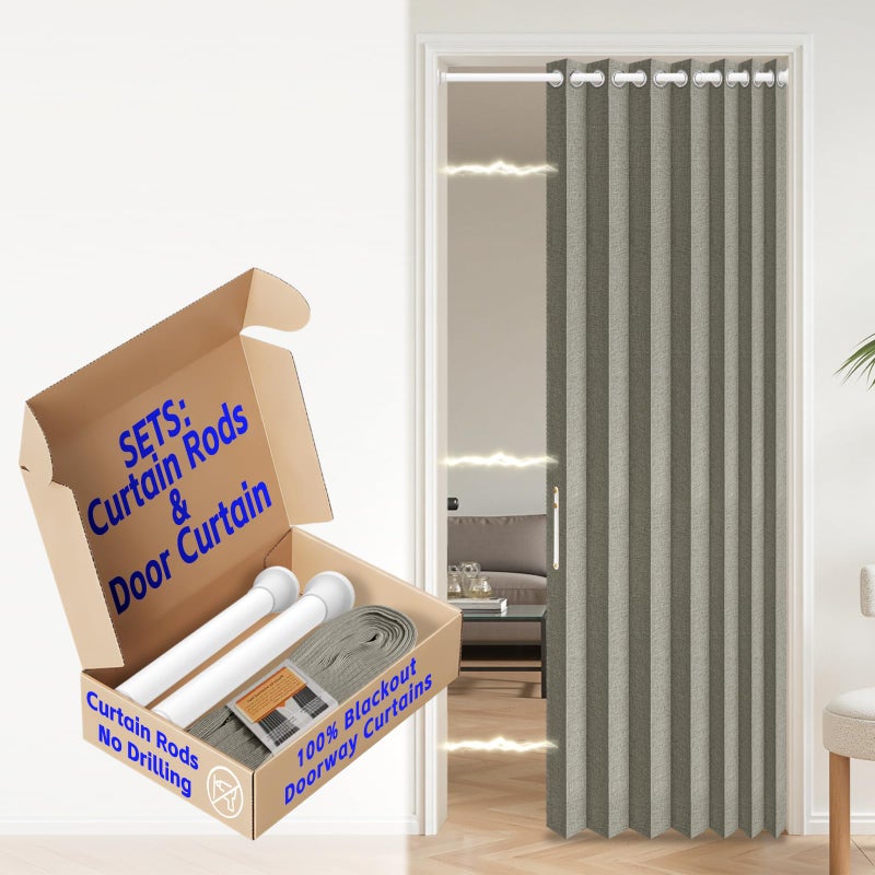 A-jazz AJAZZ 100% Blackout Accordion Doors Interior Invisible Folding Door Magnetic Door Curtain for Bedroom Living Room Doorway Curtain Sets Included Rod, 1Pack, W45 x L80 Inch, Grey - Image 1
