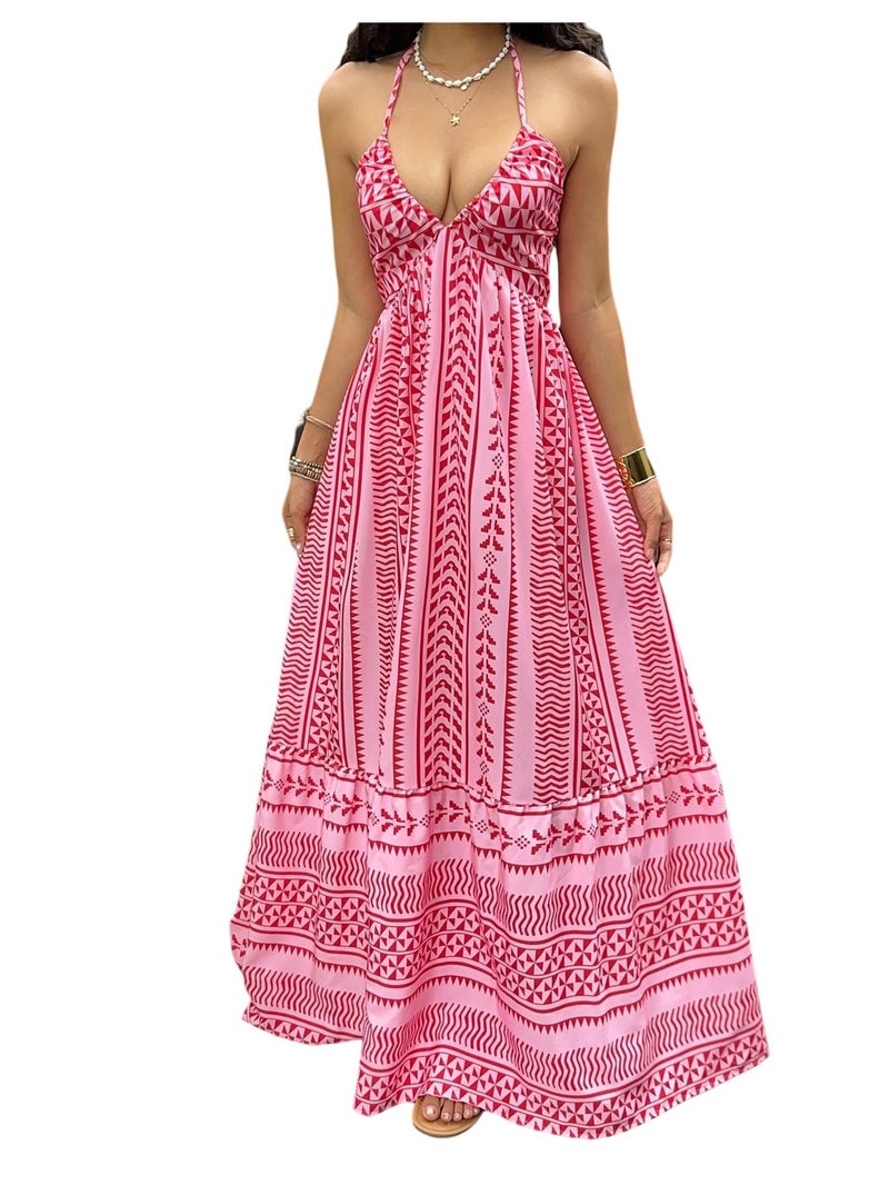 OYOANGLE Women's Boho Maxi Dress Printed Sleeveless Tie Backless Flowy Halter Beach Vacation Sundress Pink Medium - Image 1