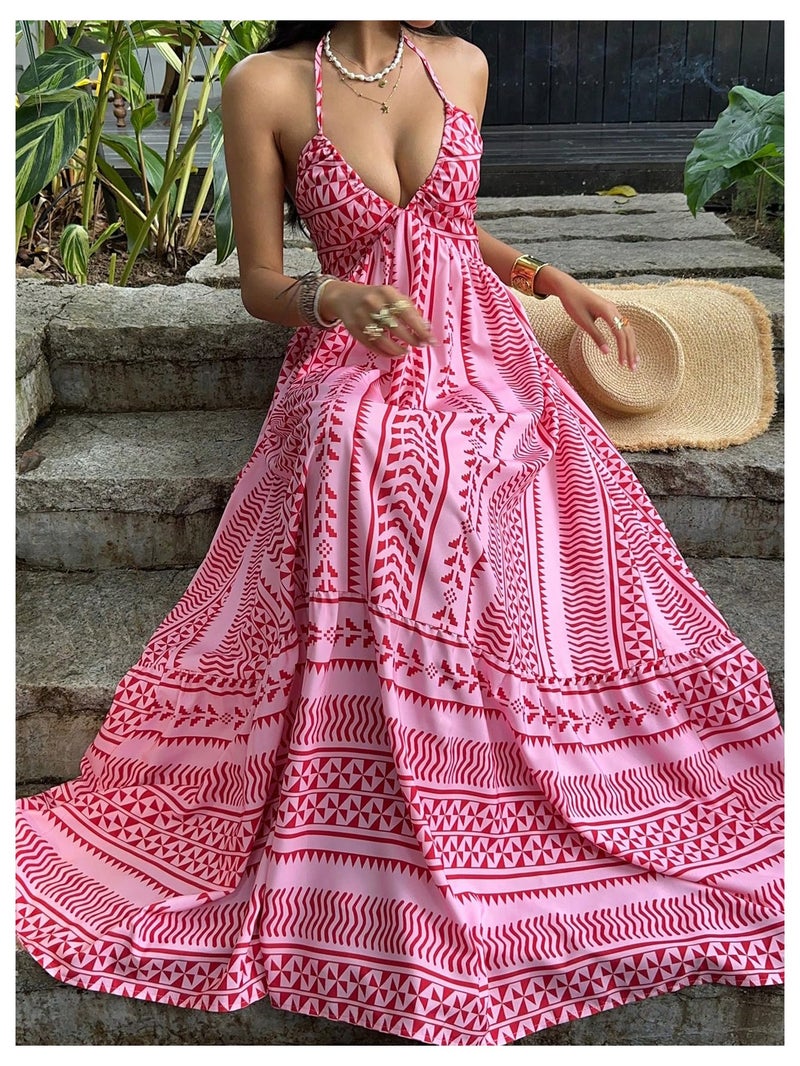 OYOANGLE Women's Boho Maxi Dress Printed Sleeveless Tie Backless Flowy Halter Beach Vacation Sundress Pink Medium - Image 5