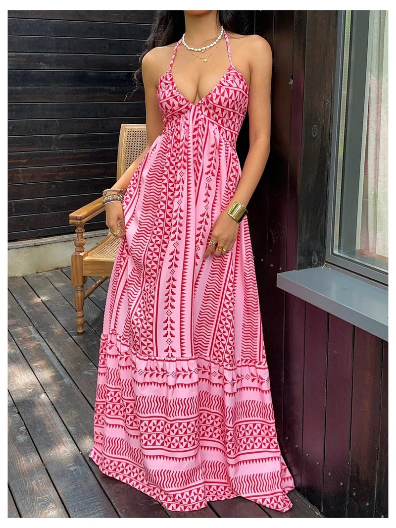 OYOANGLE Women's Boho Maxi Dress Printed Sleeveless Tie Backless Flowy Halter Beach Vacation Sundress Pink Medium - Image 4